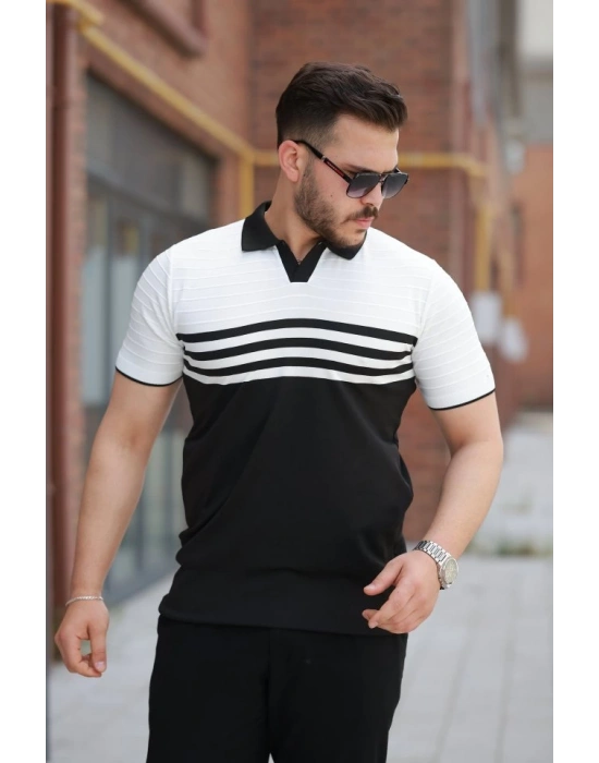 Erkek çizgi Desenli Yakalı Kısa Kollu Tshirt