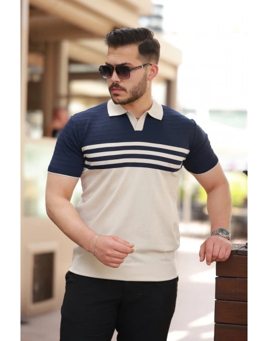 Erkek çizgi Desenli Yakalı Kısa Kollu Tshirt