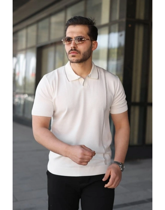 Erkek Çizgi Detaylı Yakalı Triko Tişört