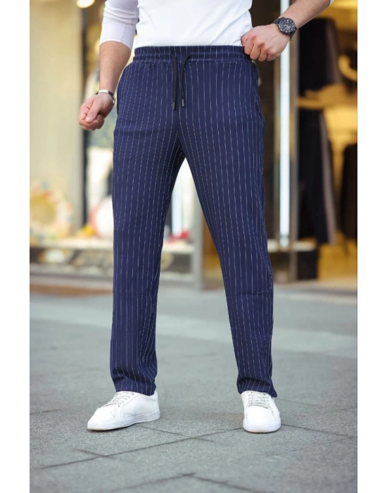 Erkek Cizgili Dokuma Krep Jogger Buggy Pantalon Rahat Kalıp  acivert