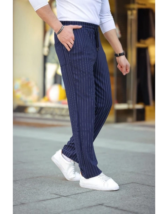 Erkek Cizgili Dokuma Krep Jogger Buggy Pantalon Rahat Kalıp  acivert