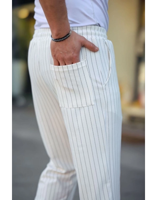 Erkek Cizgili Dokuma Krep Jogger Buggy Pantalon Rahat Kalıp  Beyaz