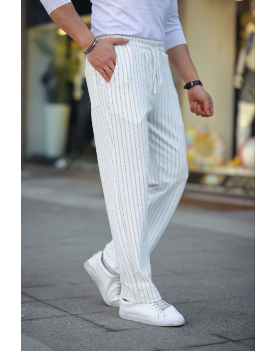 Erkek Cizgili Dokuma Krep Jogger Buggy Pantalon Rahat Kalıp  Beyaz