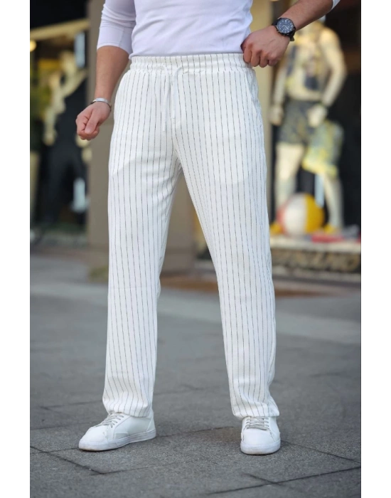 Erkek Cizgili Dokuma Krep Jogger Buggy Pantalon Rahat Kalıp  Beyaz
