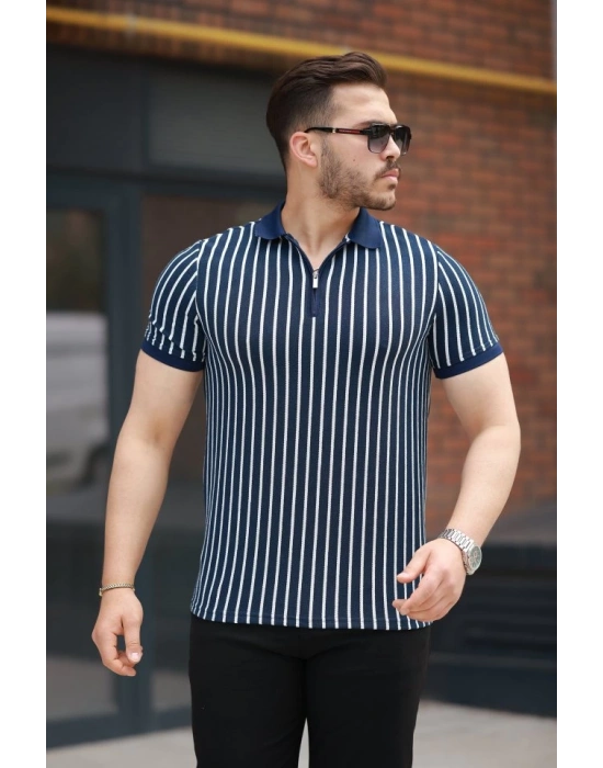 Erkek çizgili Fermuar Yakalı Kısa Kollu Tişört