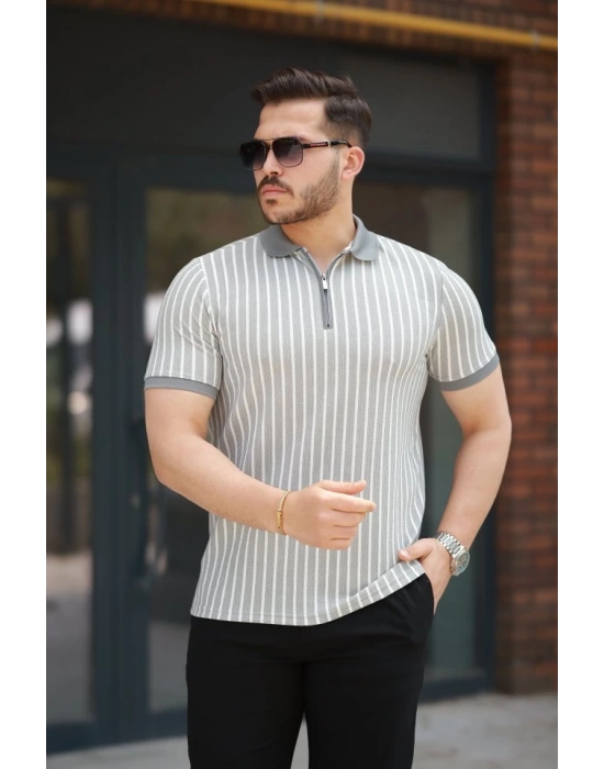 Erkek çizgili Fermuar Yakalı Kısa Kollu Tişört