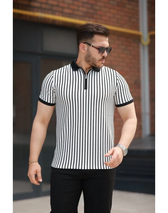 Erkek çizgili Fermuar Yakalı Kısa Kollu Tişört