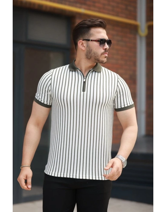 Erkek çizgili Fermuar Yakalı Kısa Kollu Tişört