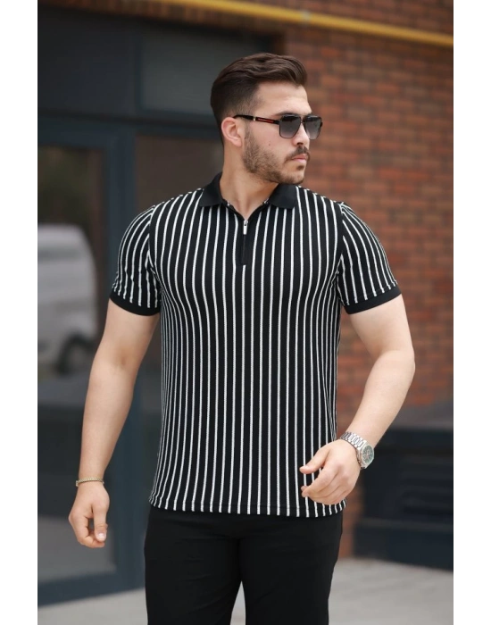 Erkek çizgili Fermuar Yakalı Kısa Kollu Tişört