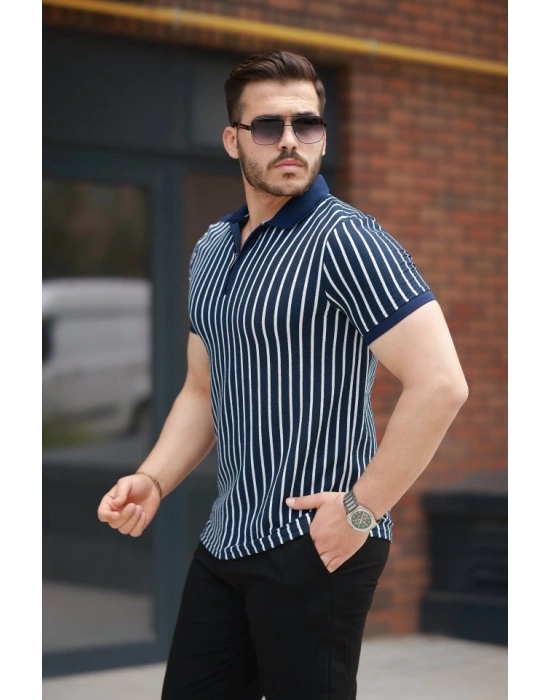 Erkek çizgili Fermuar Yakalı Kısa Kollu Tişört