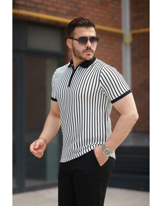 Erkek çizgili Fermuar Yakalı Kısa Kollu Tişört