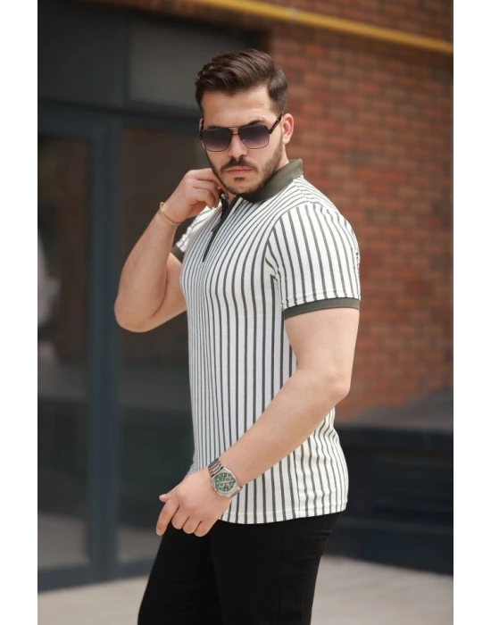 Erkek çizgili Fermuar Yakalı Kısa Kollu Tişört