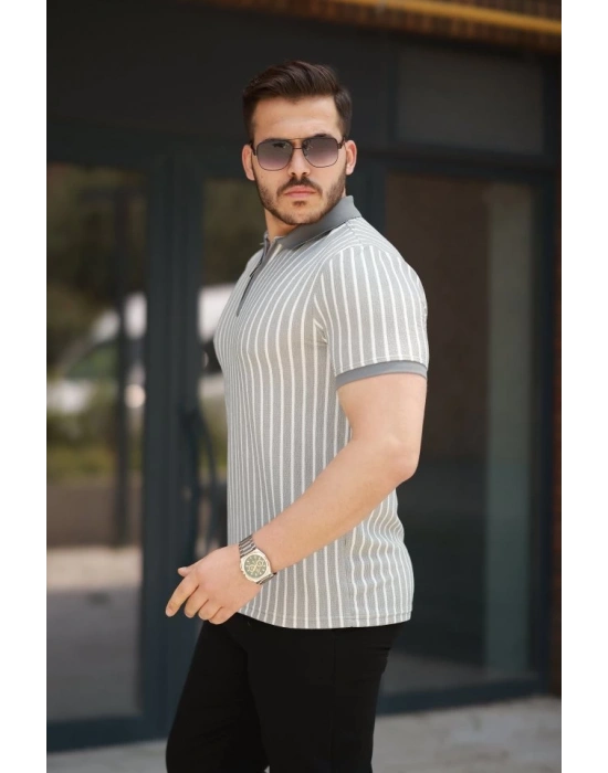 Erkek çizgili Fermuar Yakalı Kısa Kollu Tişört