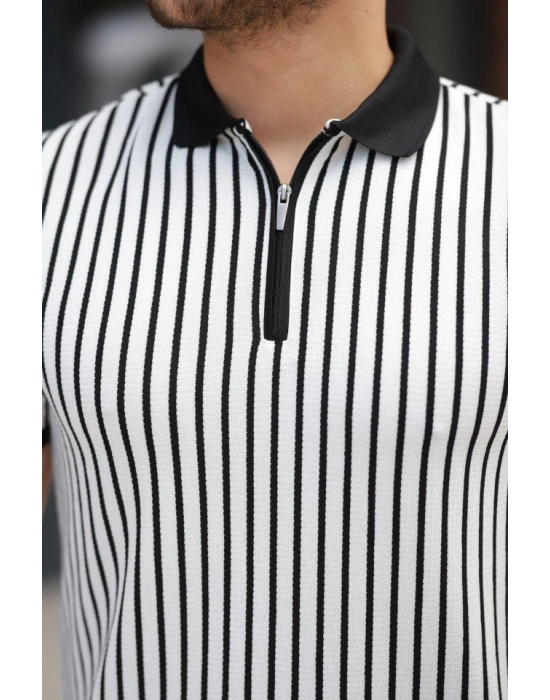 Erkek çizgili Fermuar Yakalı Kısa Kollu Tişört