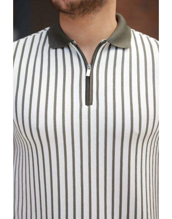Erkek çizgili Fermuar Yakalı Kısa Kollu Tişört