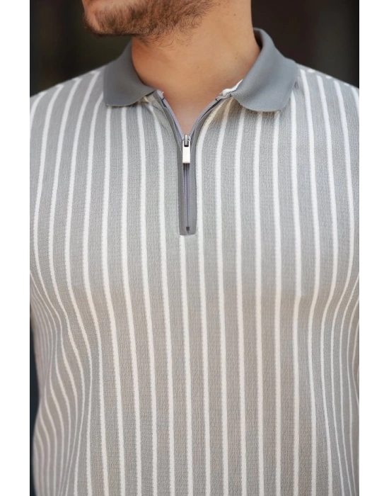 Erkek çizgili Fermuar Yakalı Kısa Kollu Tişört