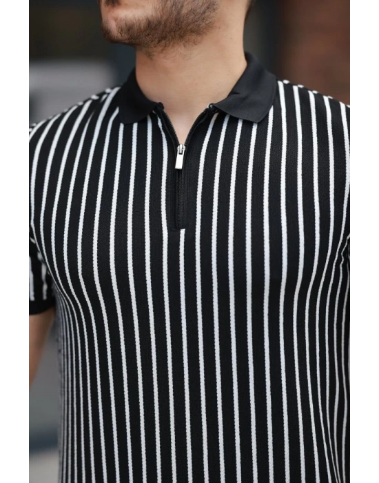 Erkek çizgili Fermuar Yakalı Kısa Kollu Tişört