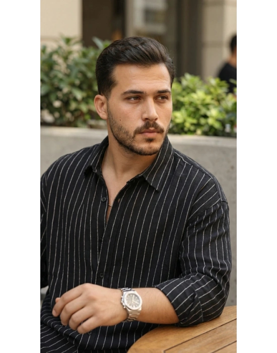 Erkek Çizgili Keten Gömlek