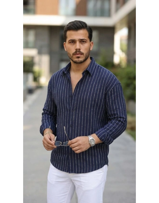 Erkek Çizgili Keten Gömlek
