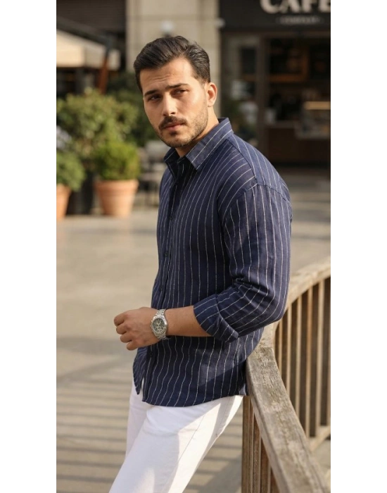 Erkek Çizgili Keten Gömlek