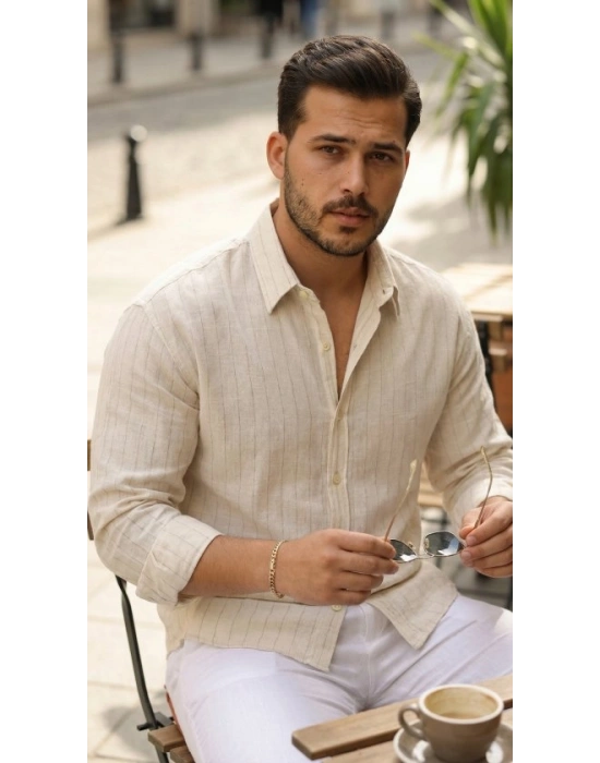 Erkek Çizgili Keten Gömlek