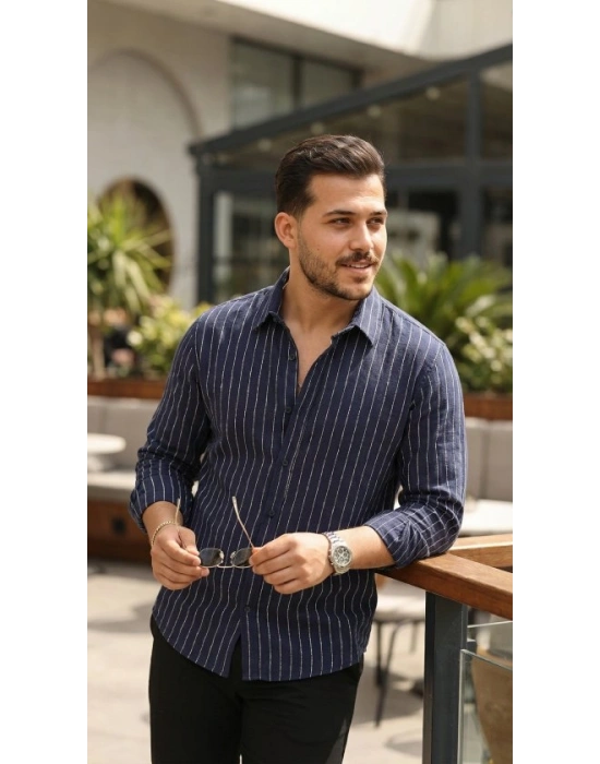 Erkek Çizgili Keten Gömlek