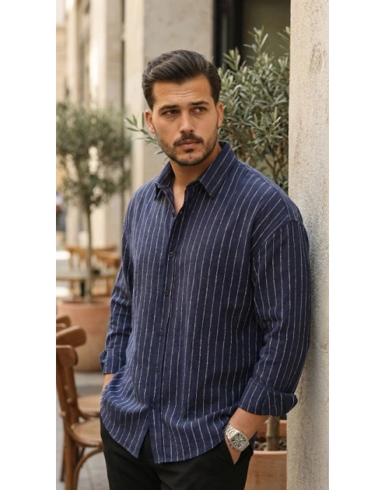 Erkek Çizgili Keten Gömlek