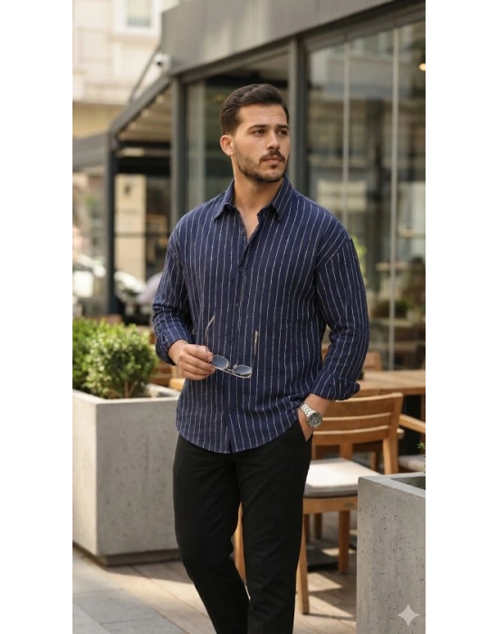 Erkek Çizgili Keten Gömlek