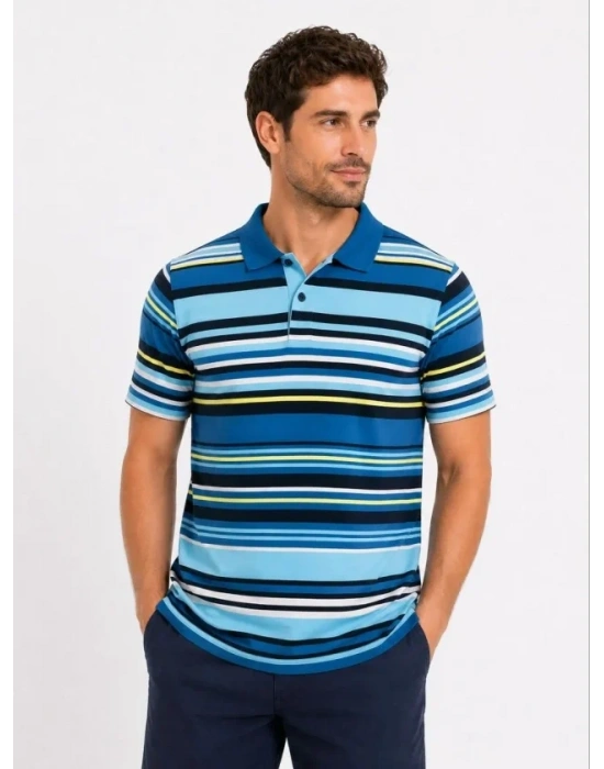 Erkek Çizgili Polo Yaka Tişört Kısa Kol Yazlık Thirt Regular Fit  avi