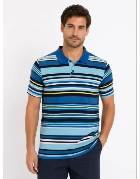 Erkek Çizgili Polo Yaka Tişört Kısa Kol Yazlık Thirt Regular Fit  avi