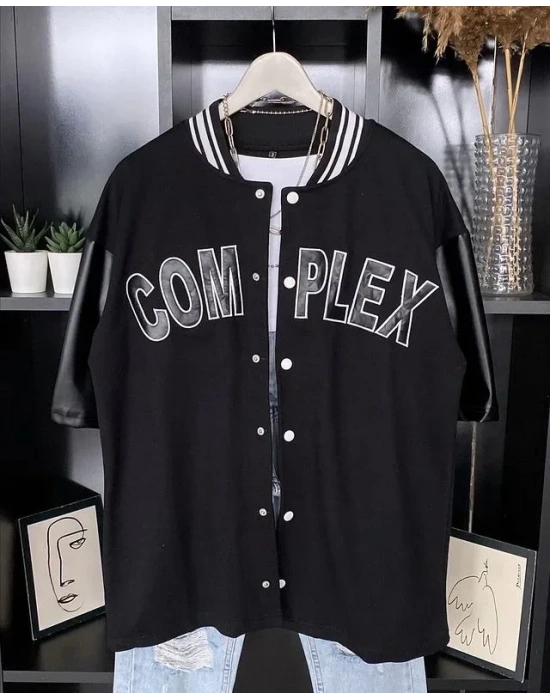 Erkek Complex Kolları Deri Kolej Oversize Tshirt  iyah