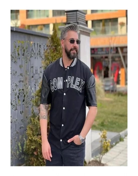 Erkek Complex Kolları Deri Kolej Oversize Tshirt  iyah