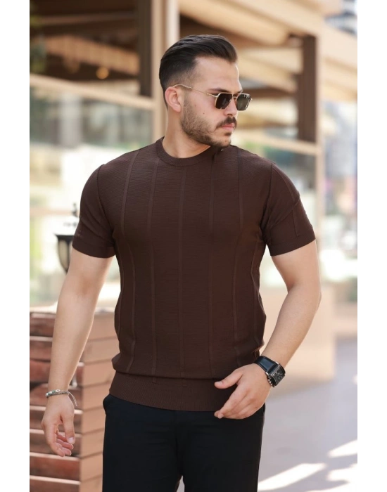 Erkek Desenli çizgi Kabartmalı Kısa Kollu Tişört