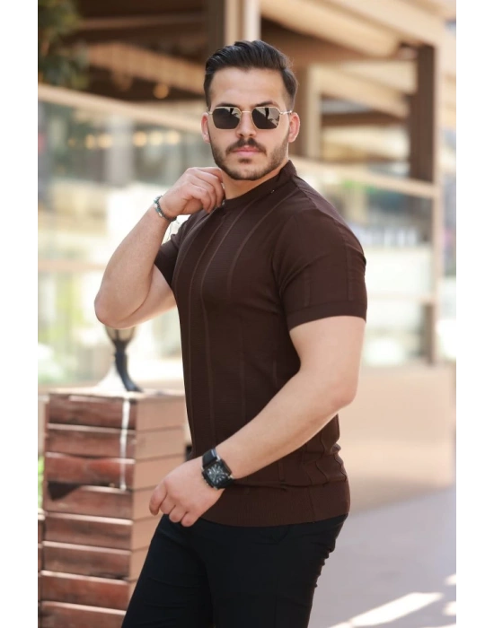 Erkek Desenli çizgi Kabartmalı Kısa Kollu Tişört