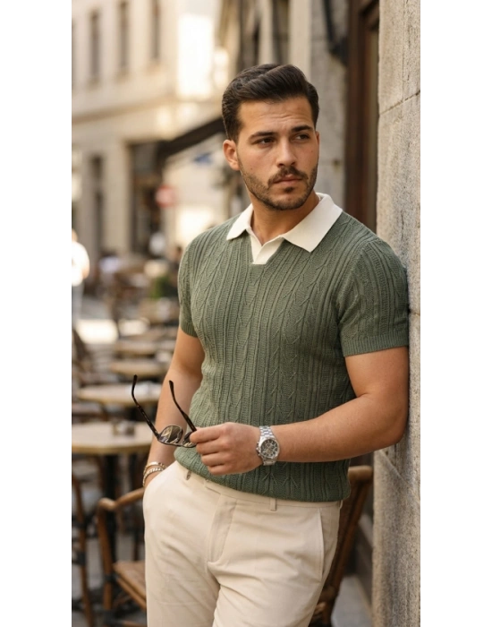 Erkek Desenli Kısa Kollu Triko Tişört  %100 Pamuk Akrilik