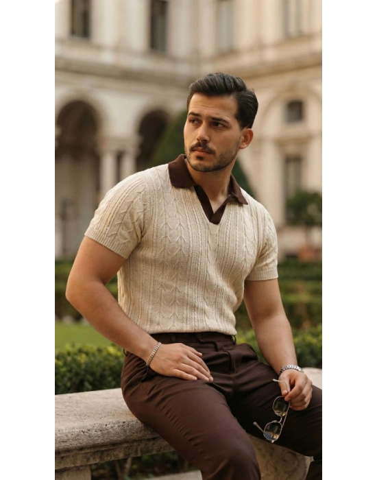 Erkek Desenli Kısa Kollu Triko Tişört  %100 Pamuk Akrilik