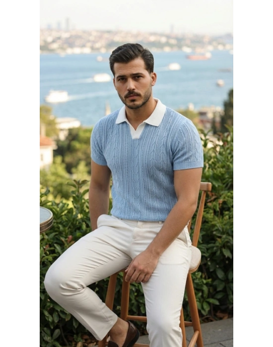 Erkek Desenli Kısa Kollu Triko Tişört  %100 Pamuk Akrilik