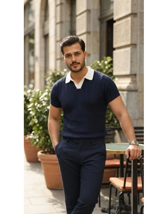 Erkek Desenli Kısa Kollu Triko Tişört  %100 Pamuk Akrilik