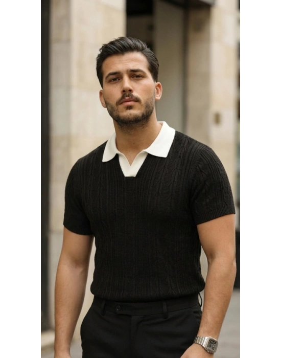 Erkek Desenli Kısa Kollu Triko Tişört  %100 Pamuk Akrilik