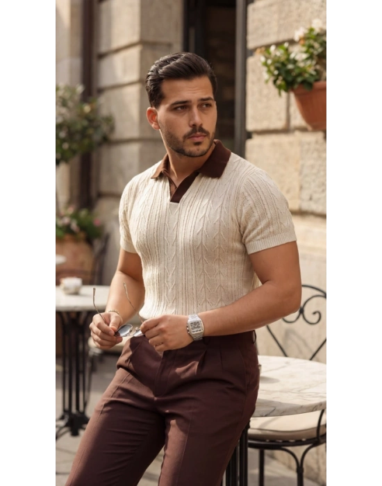 Erkek Desenli Kısa Kollu Triko Tişört  %100 Pamuk Akrilik