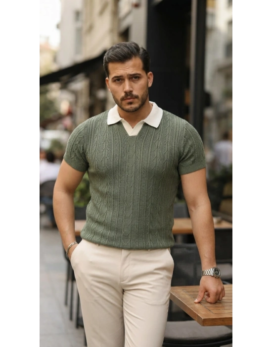 Erkek Desenli Kısa Kollu Triko Tişört  %100 Pamuk Akrilik