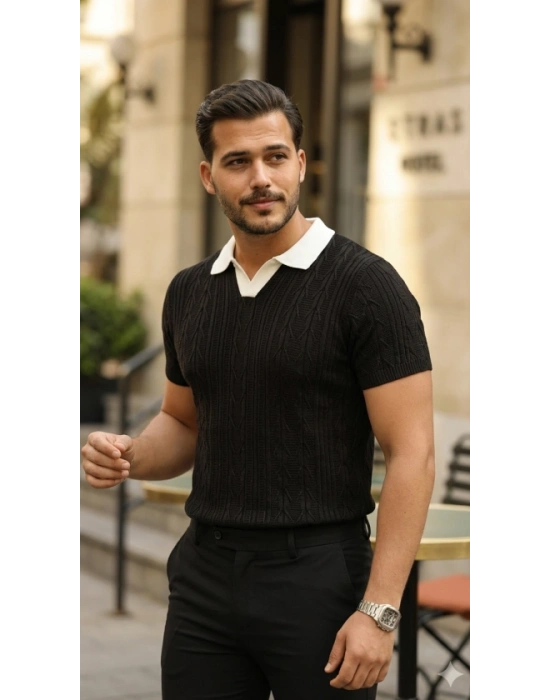 Erkek Desenli Kısa Kollu Triko Tişört  %100 Pamuk Akrilik