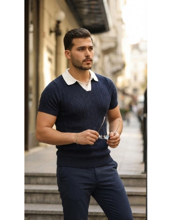 Erkek Desenli Kısa Kollu Triko Tişört  %100 Pamuk Akrilik