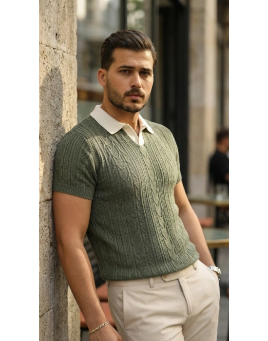 Erkek Desenli Kısa Kollu Triko Tişört  %100 Pamuk Akrilik