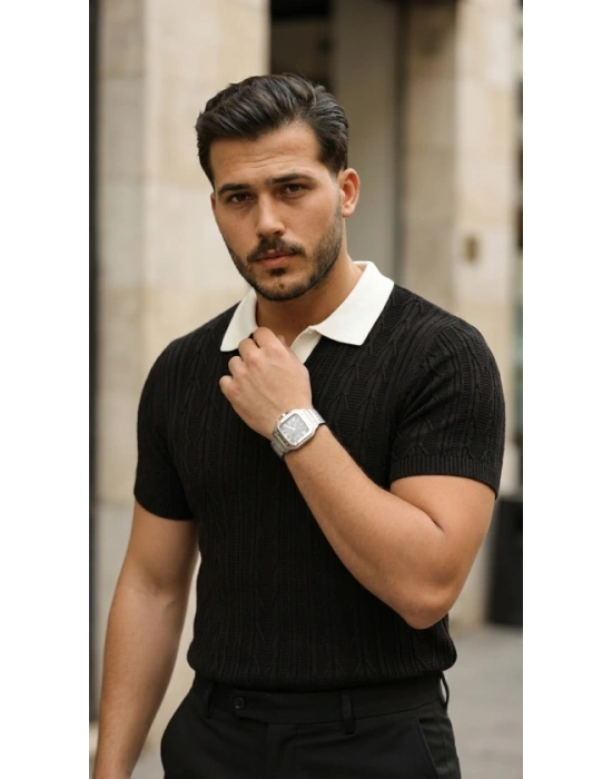 Erkek Desenli Kısa Kollu Triko Tişört  %100 Pamuk Akrilik