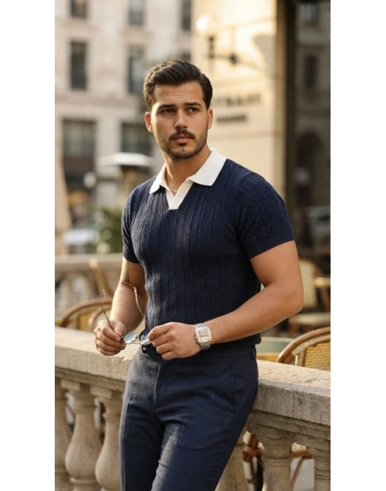 Erkek Desenli Kısa Kollu Triko Tişört  %100 Pamuk Akrilik