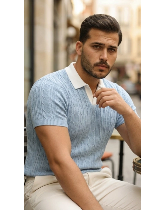 Erkek Desenli Kısa Kollu Triko Tişört  %100 Pamuk Akrilik