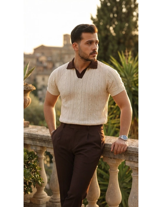 Erkek Desenli Kısa Kollu Triko Tişört  %100 Pamuk Akrilik