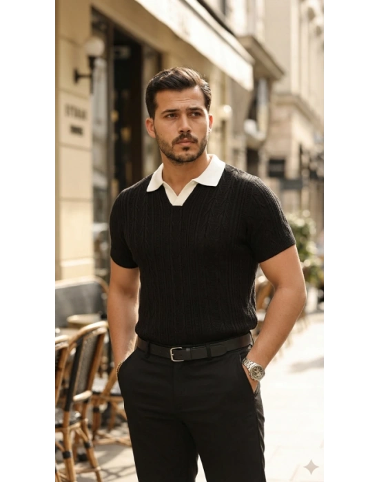 Erkek Desenli Kısa Kollu Triko Tişört  %100 Pamuk Akrilik