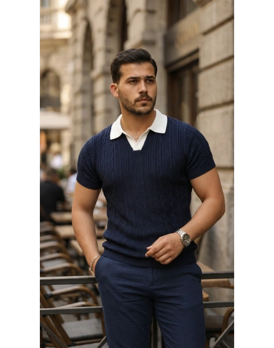 Erkek Desenli Kısa Kollu Triko Tişört  %100 Pamuk Akrilik